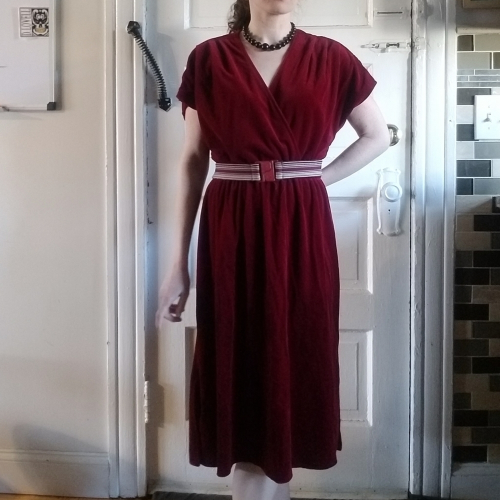 Vintage Red Velvet Midi Dress & Belt